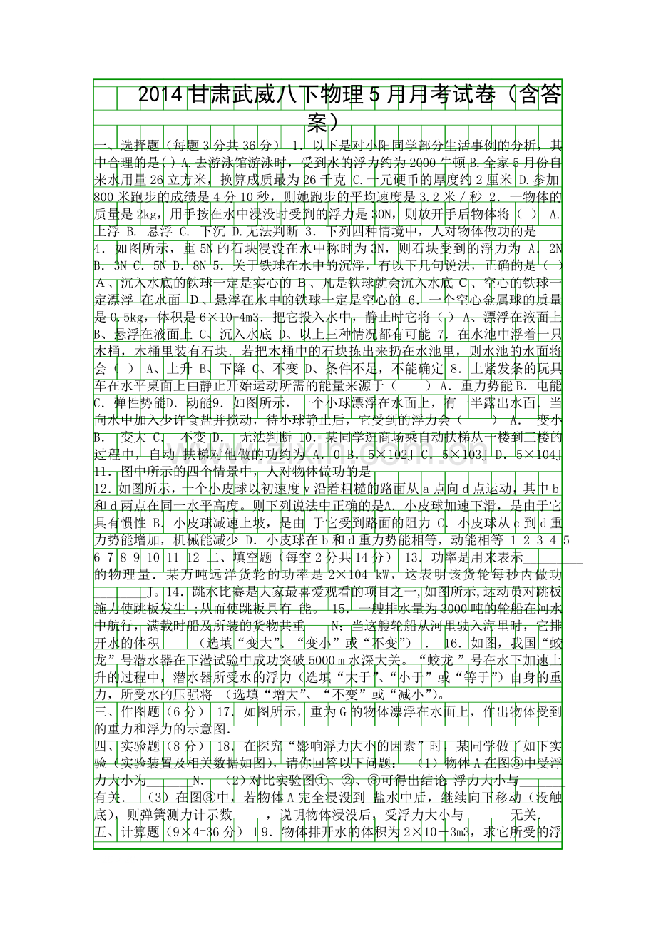 2014甘肃武威八下物理5月月考试卷含答案.docx_第1页