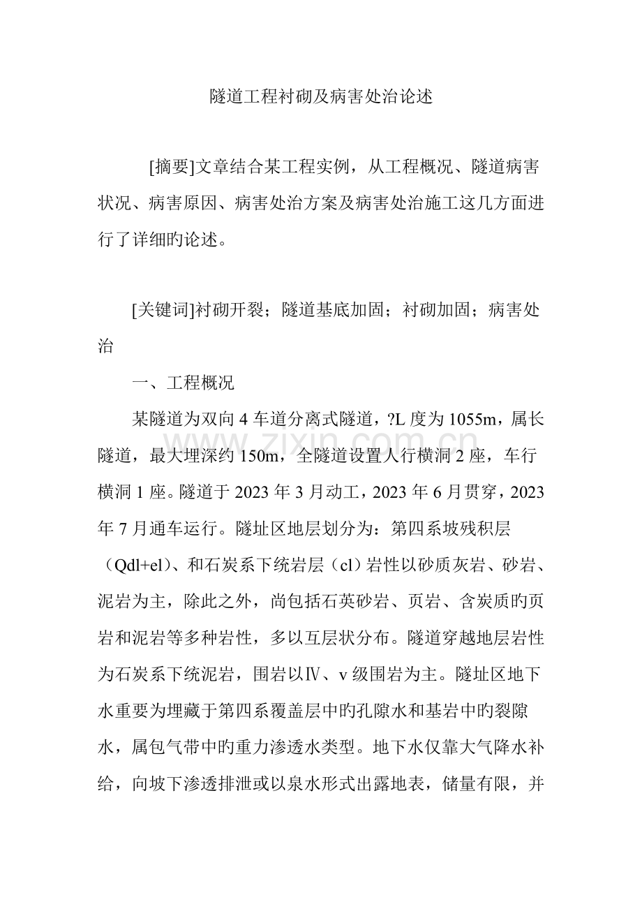 隧道工程衬砌及病害处治论述.doc_第1页