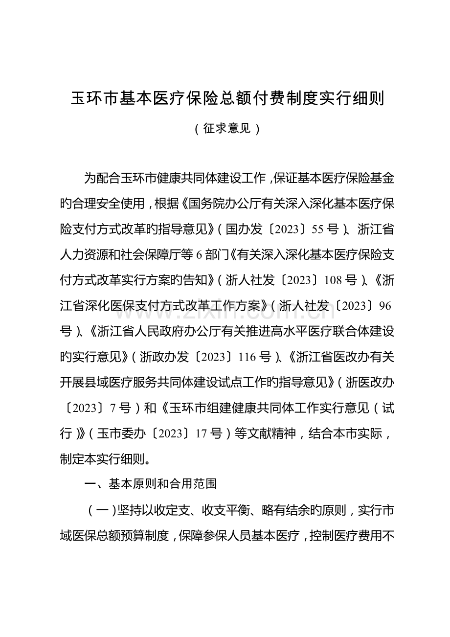玉环基本医疗保险总额付费制度实施细则.doc_第1页