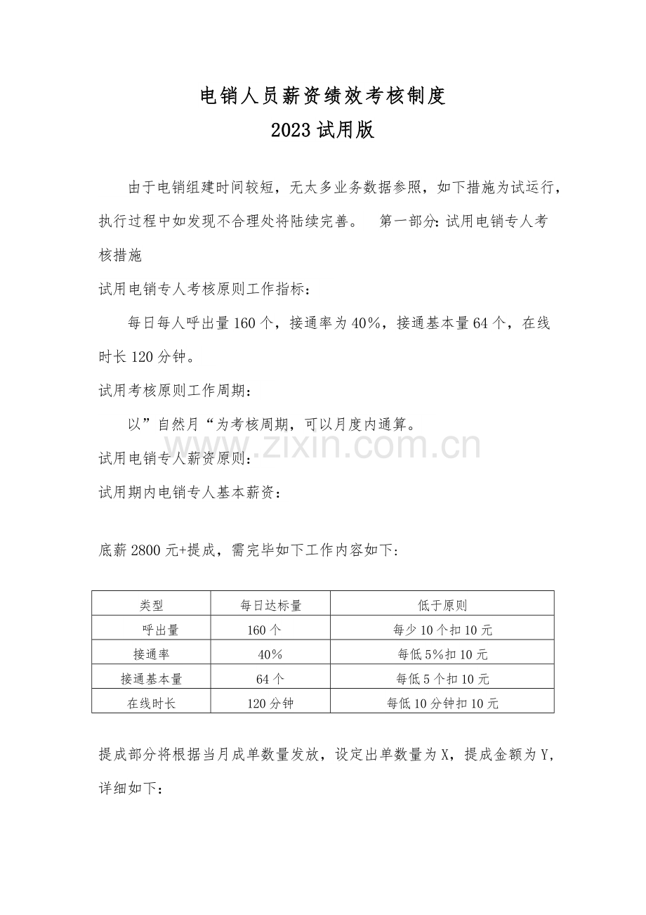 电销人员薪资绩效考核制度试用版.docx_第1页