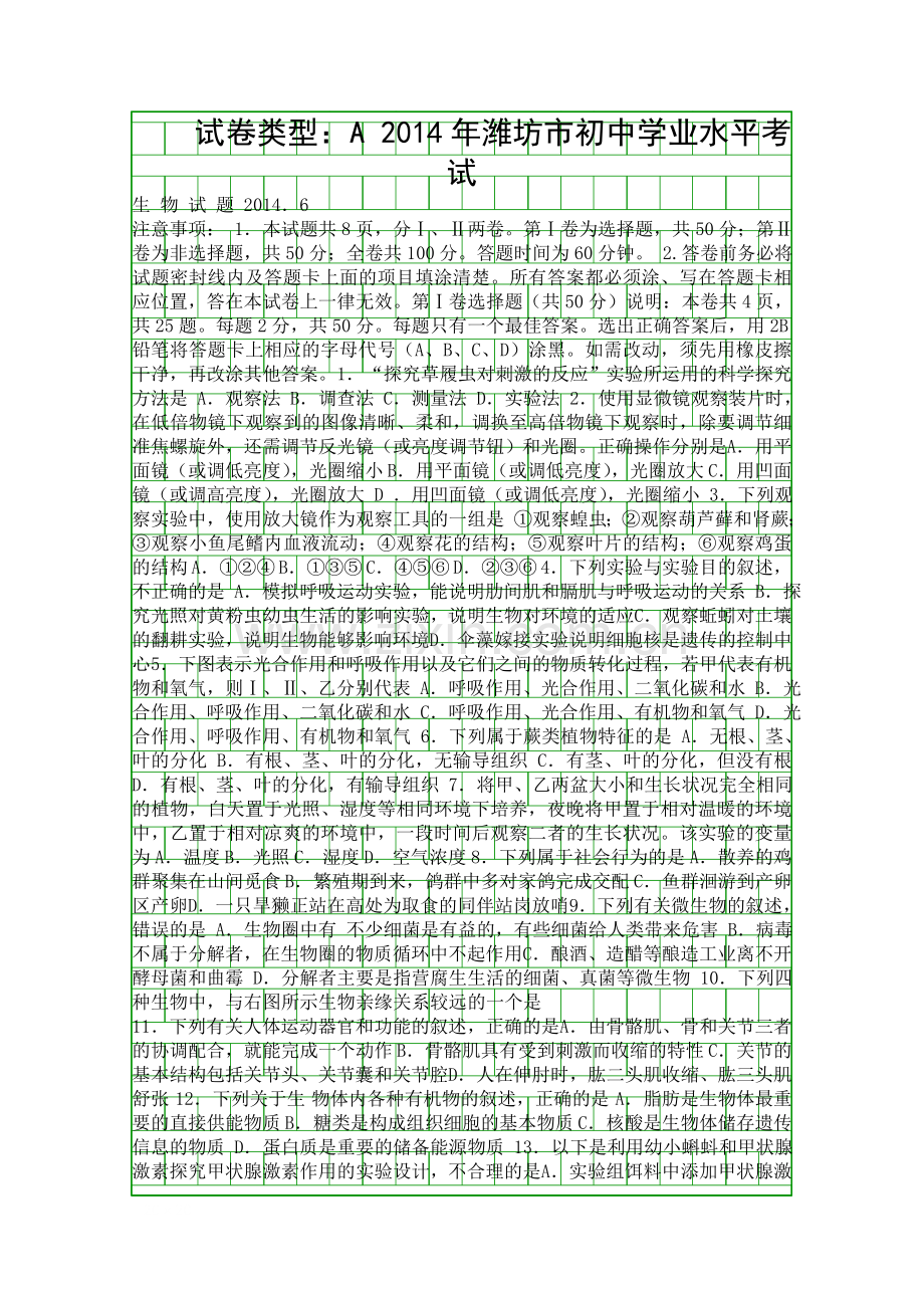 2014潍坊市中考生物试题有答案.docx_第1页