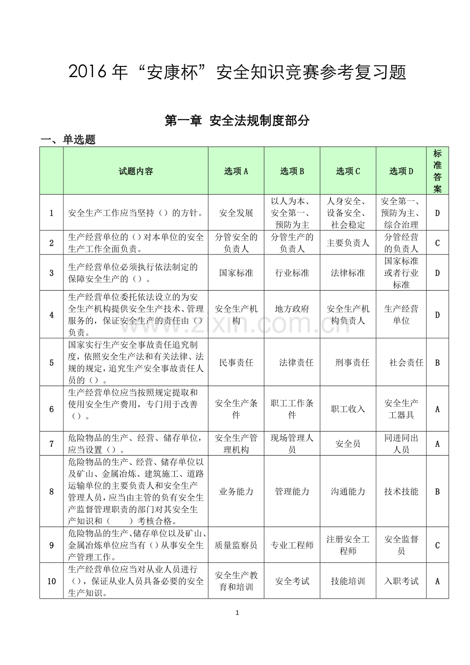 2016年安全知识竞赛参考考试试题及参考答案精华版.doc_第1页