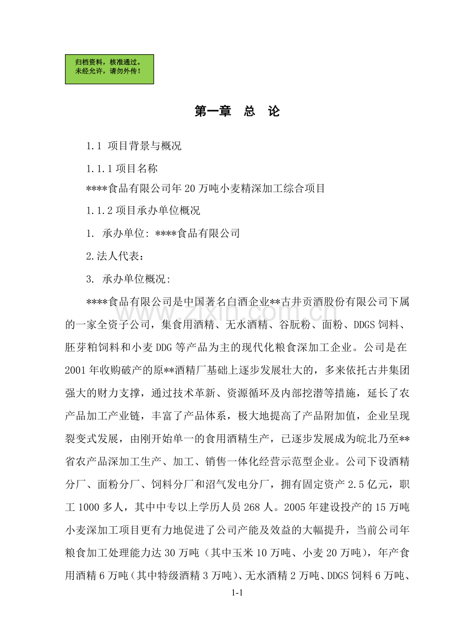 年20万吨小麦精深加工综合项目建设可行性研究报告.doc_第1页