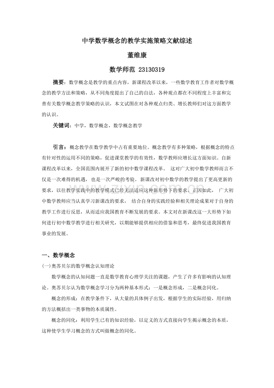 中学数学概念的教学实施策略文献综述详解.doc_第1页