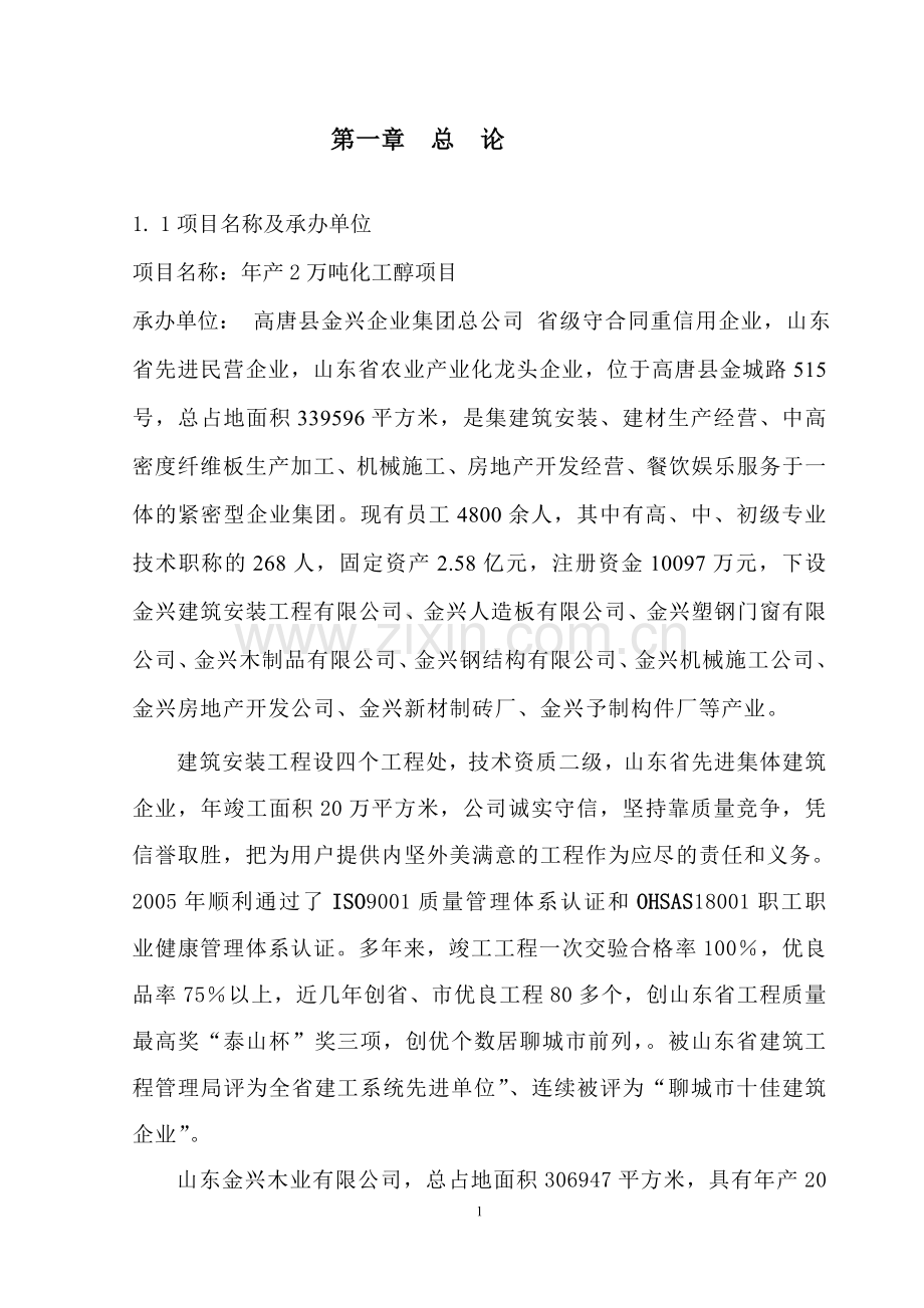年产20000吨生物化工醇项目可行性研究报告.doc_第1页