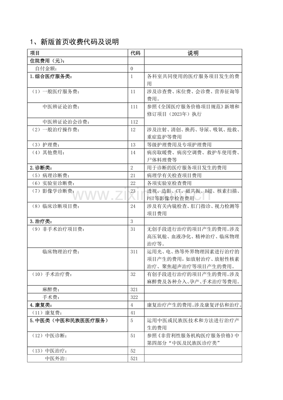 新版病案首费用项目分类及说明.doc_第1页