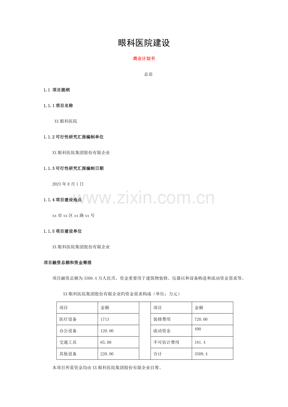 私人眼科医院建设商业计划书模板.doc_第1页
