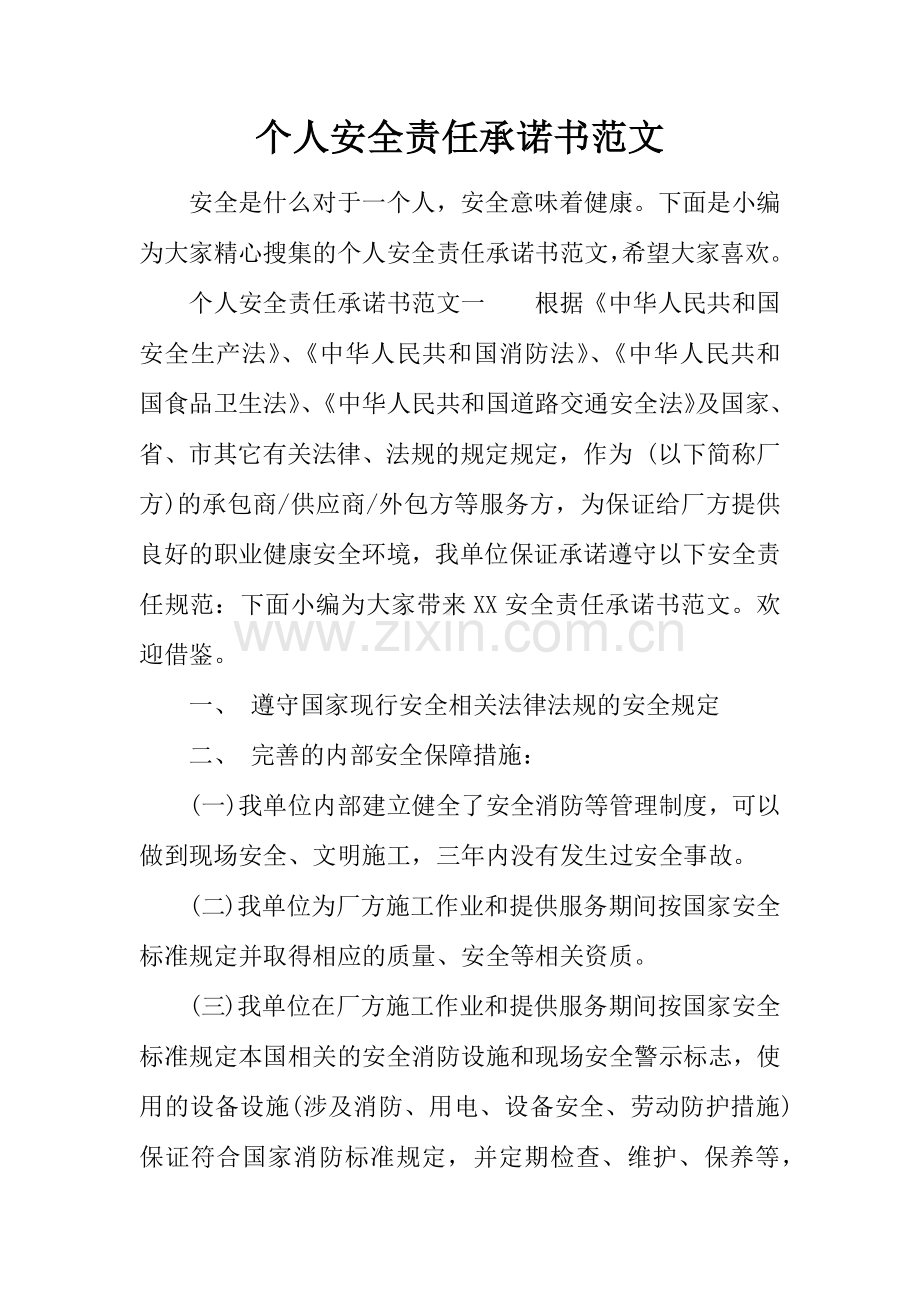 个人安全责任承诺书范文.docx_第1页