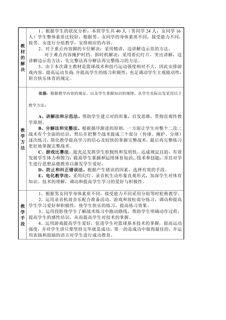 高中体育与健康篮球基本战术二攻二侧掩护挡拆战术配合表格式优秀说课教案.doc_第2页