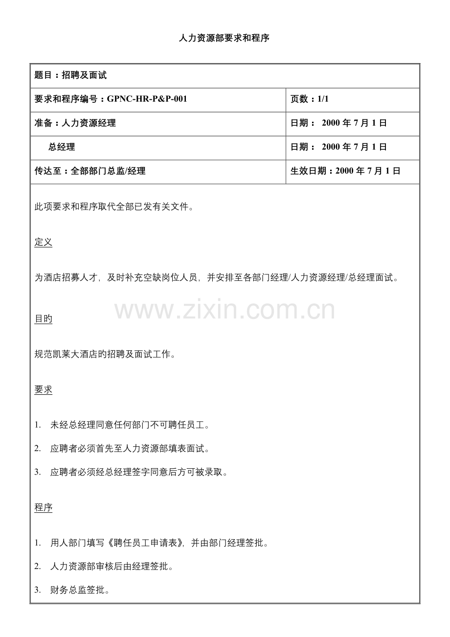 酒店人力资源部规定和程序.doc_第1页