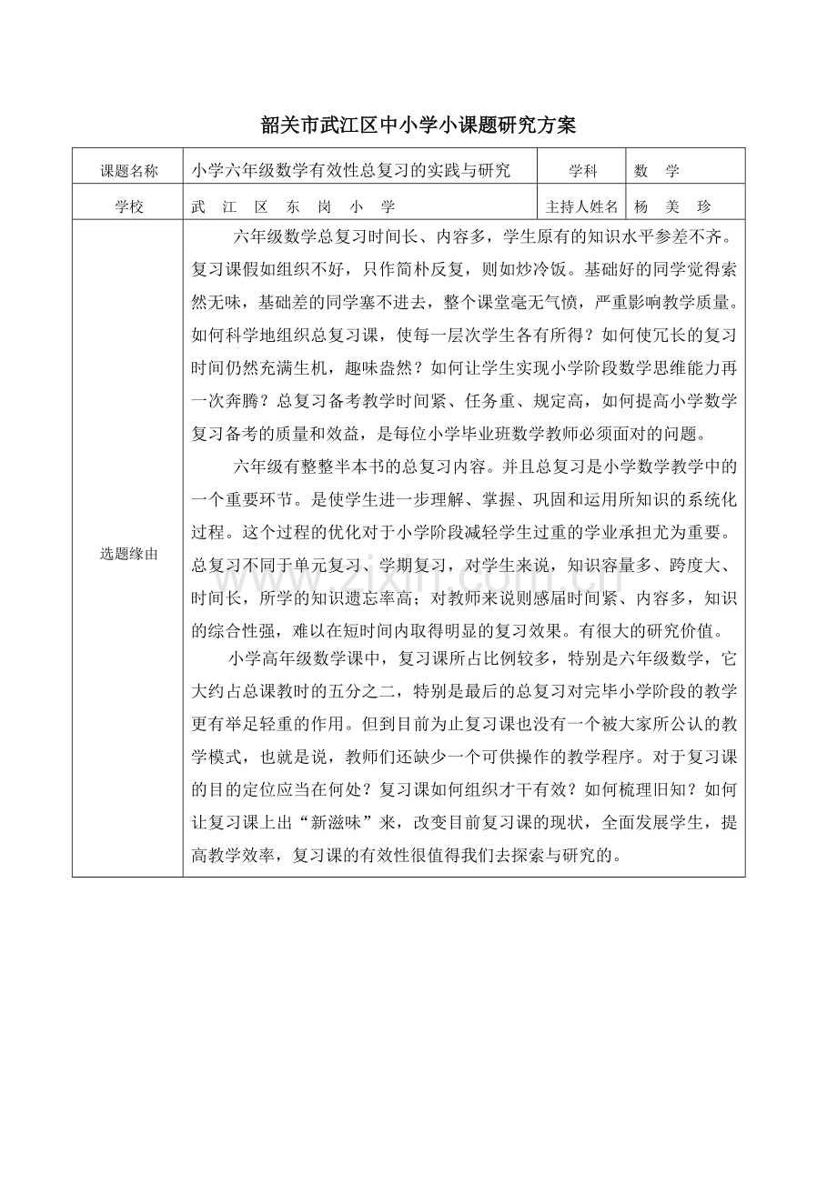 小学六年级数学有效性总复习的实践与研究小课题研究立项申请表杨美珍.doc_第1页