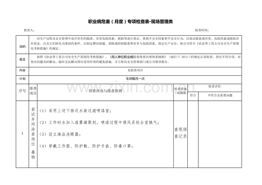 职业病危害专项检查表-现场管理类(车间每月).doc_第1页