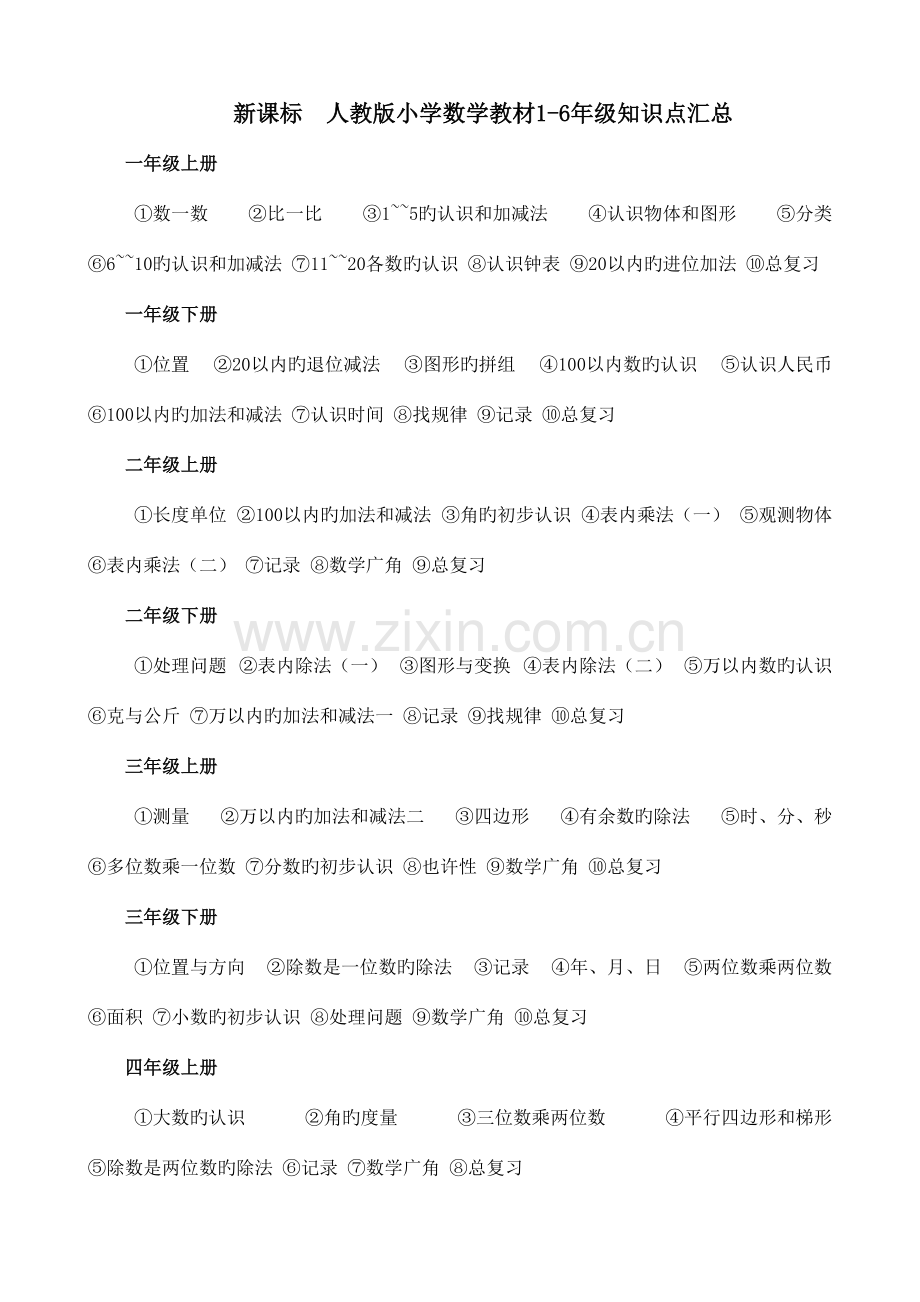 2023年新人教版小学数学教材年级知识点汇总.doc_第1页