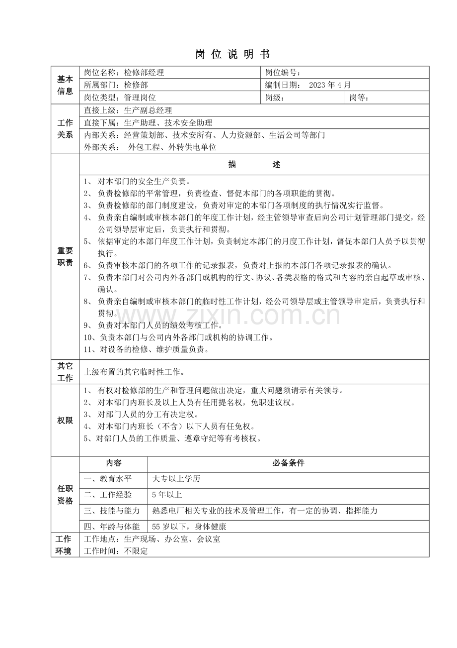 检修部岗位说明书样本.doc_第1页