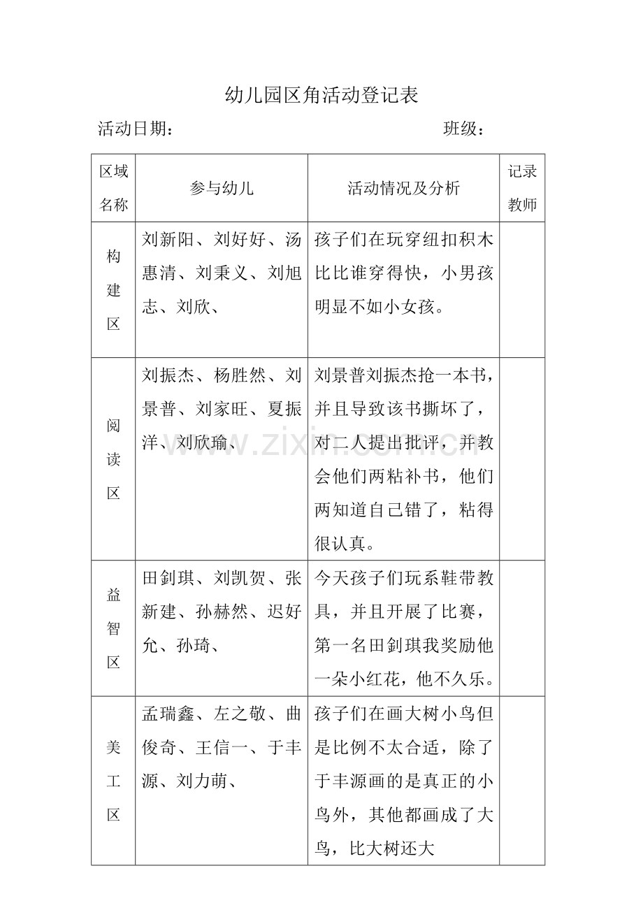 幼儿园区角活动记录表.doc_第1页