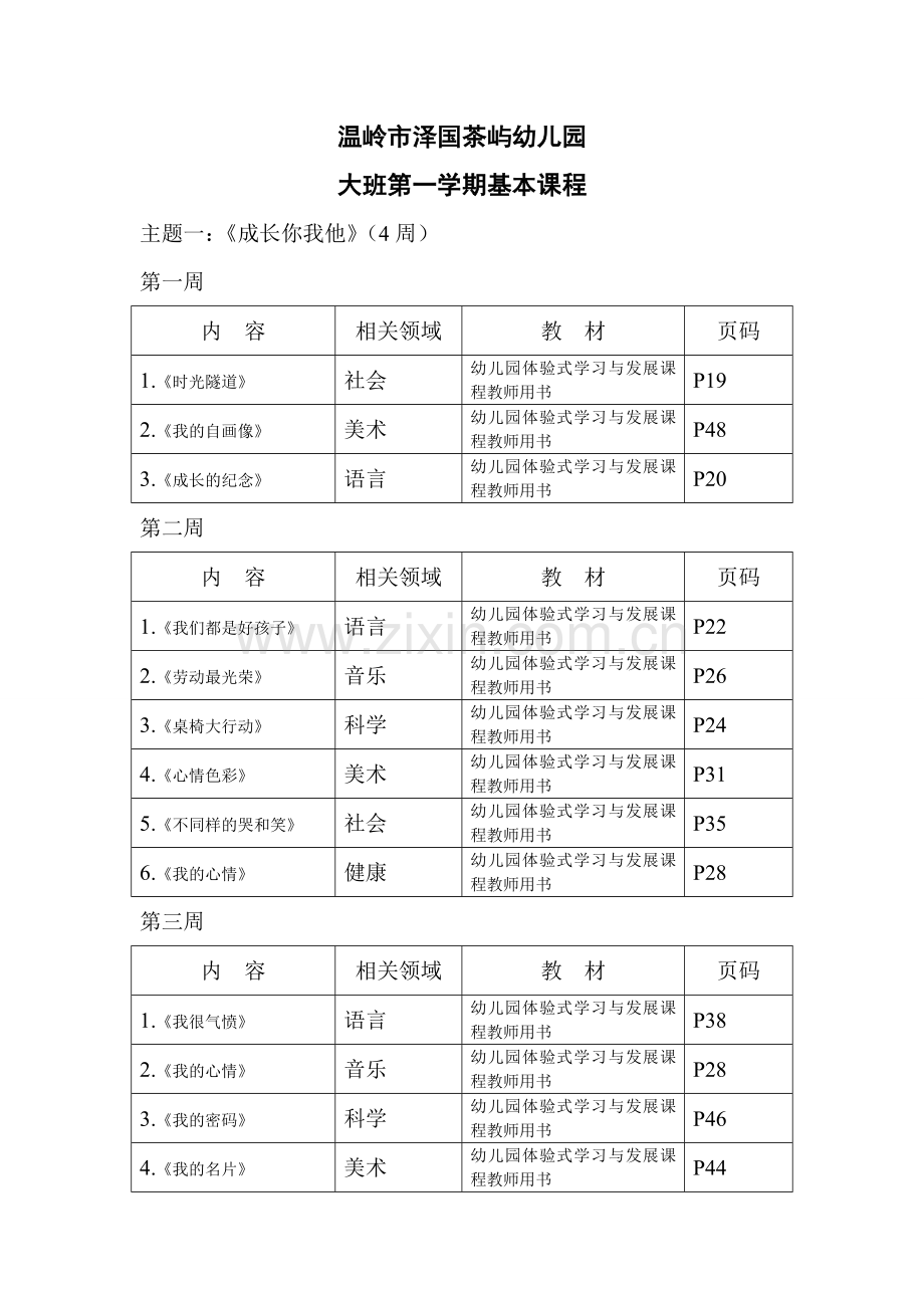 幼儿园大班上基本课程安排表.doc_第1页