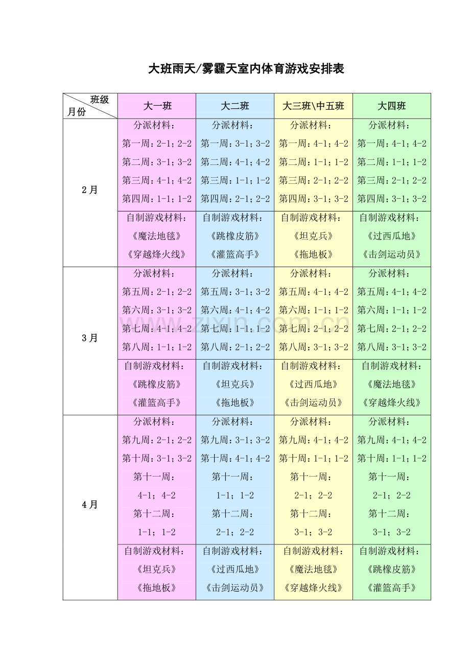 大班雨天雾霾天室内体育游戏安排表.docx_第1页