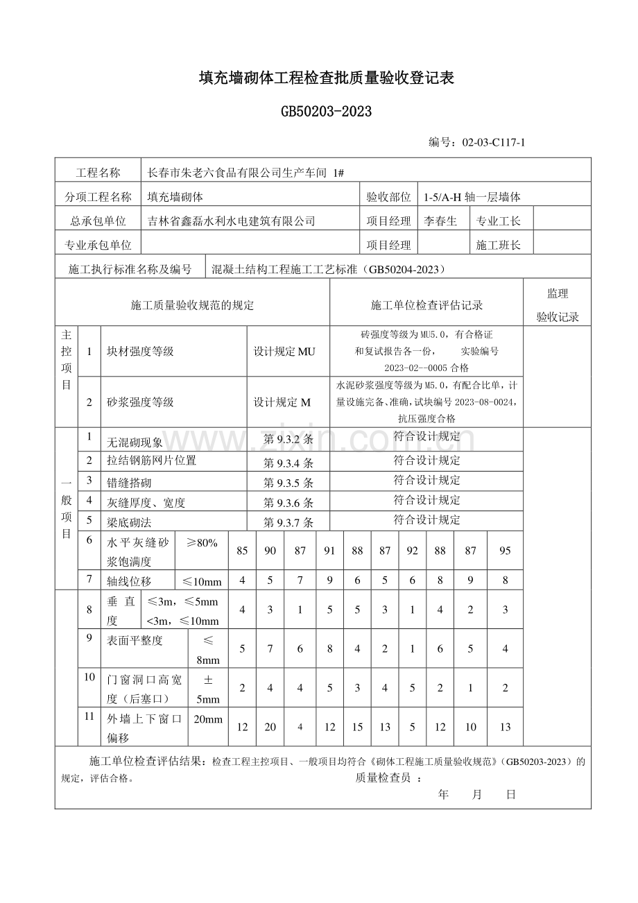 填充墙砌体工程检验批质量验收记录表.doc_第1页