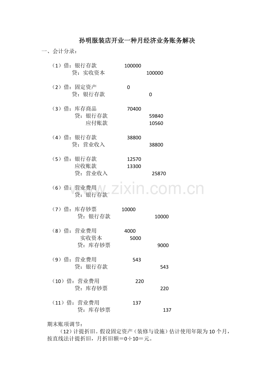 孙明服装店开业一个月经济业务账务处理.docx_第1页