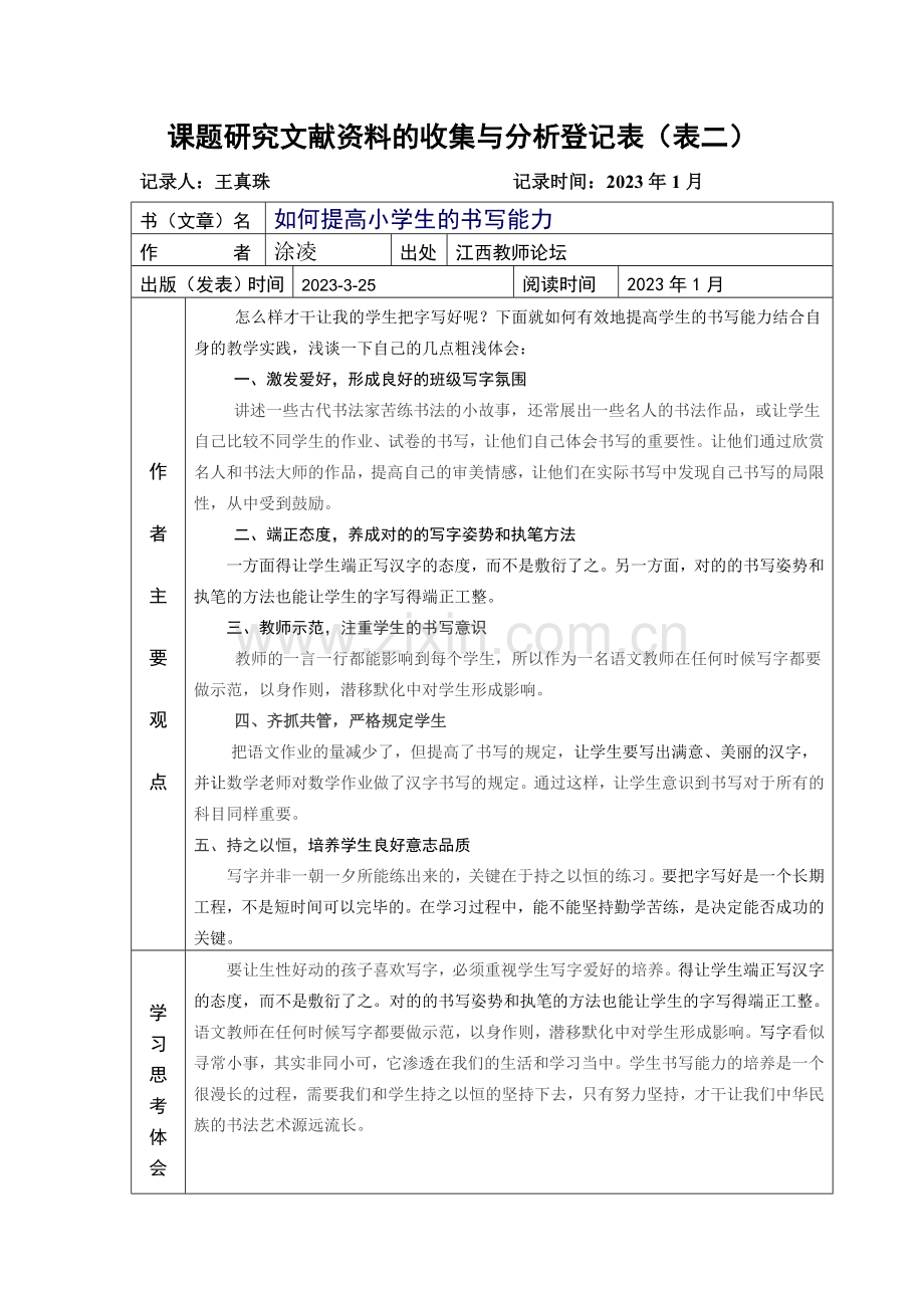 课题研究文献资料的收集与分析记录表珠.doc_第1页