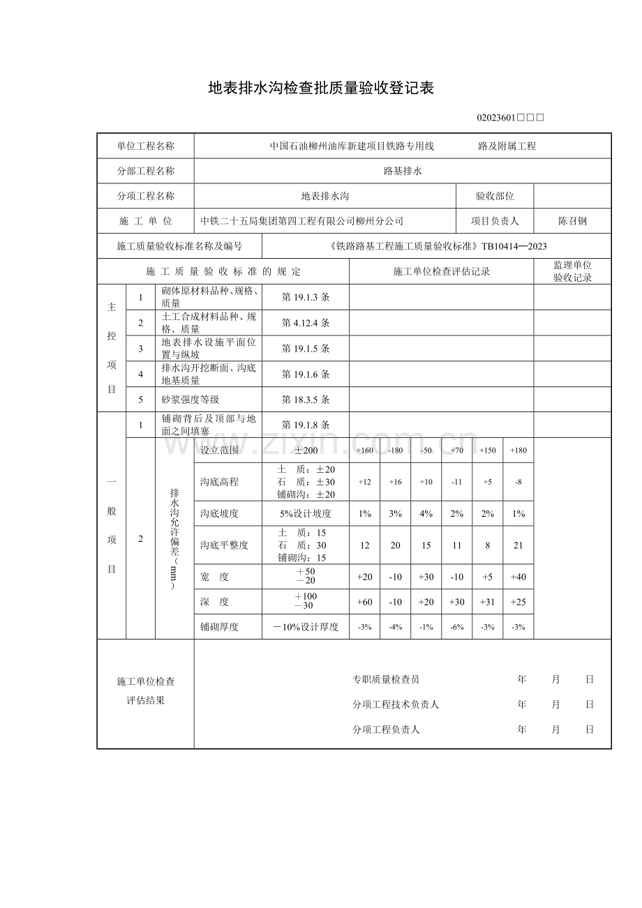 地表排水沟检验批质量验收记录表.doc_第1页