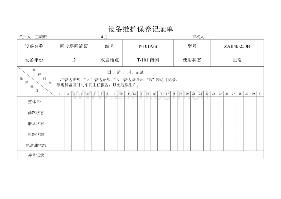 6.4.5---4月份设备维护保养记录单.doc_第1页