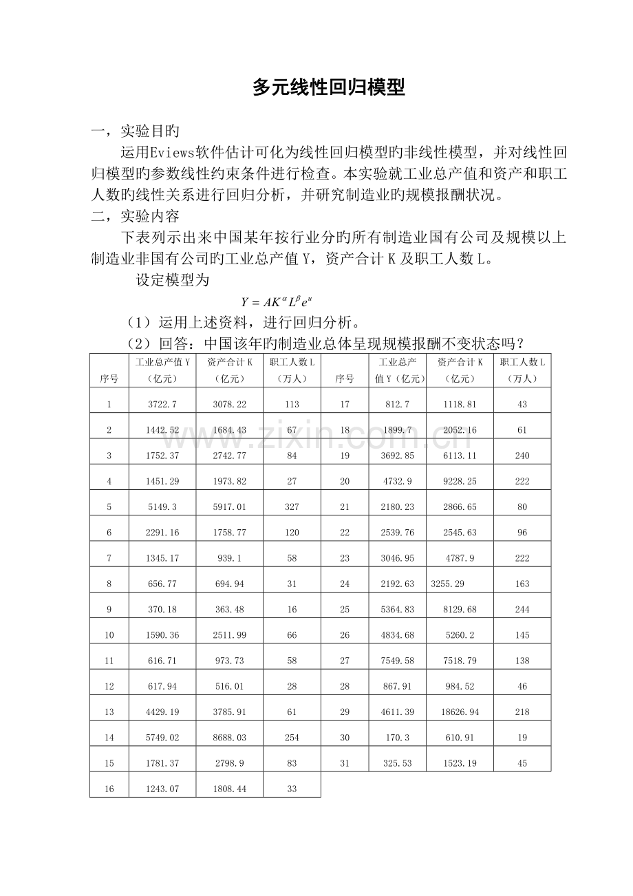 多元线性回归模型-计量经济学作业.doc_第1页