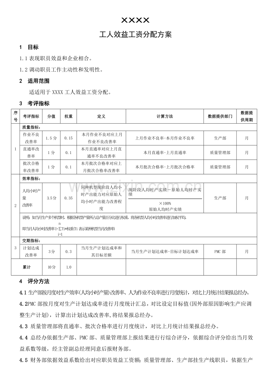 公司工人效益工资发放方案样本.doc_第1页