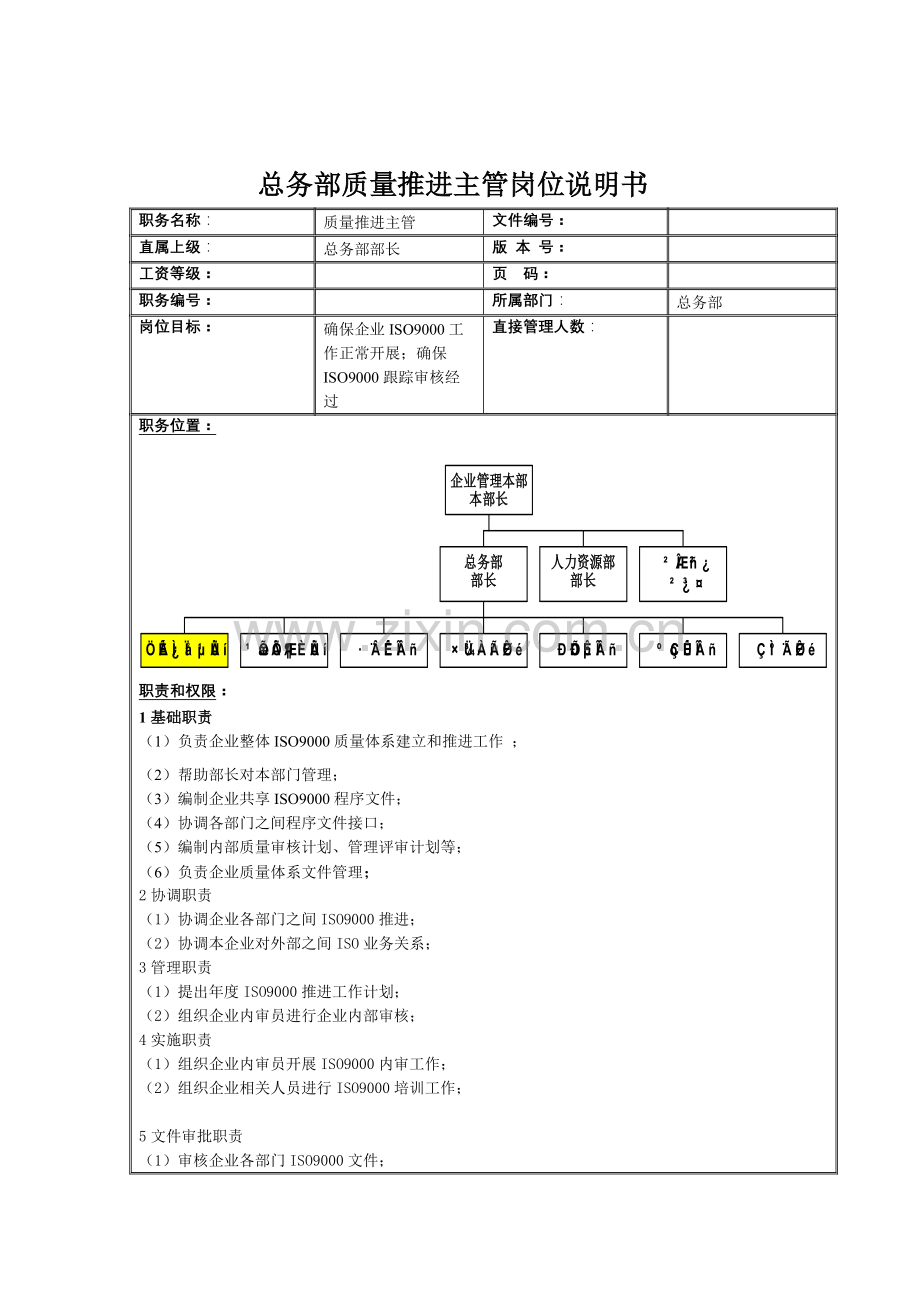 总务部质量推进主管岗位职责样本.doc_第1页