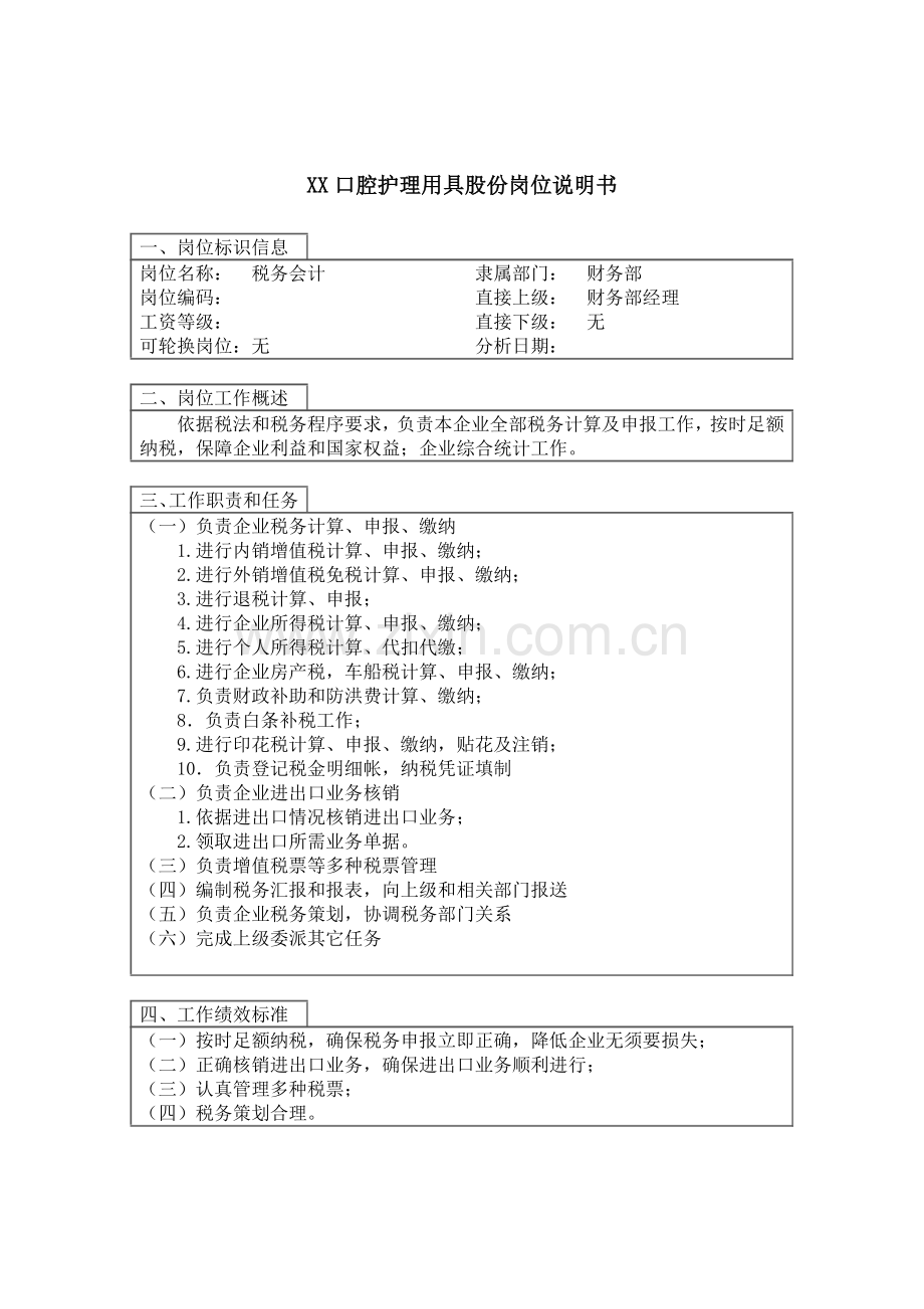 公司财务部岗位说明书样本.doc_第1页