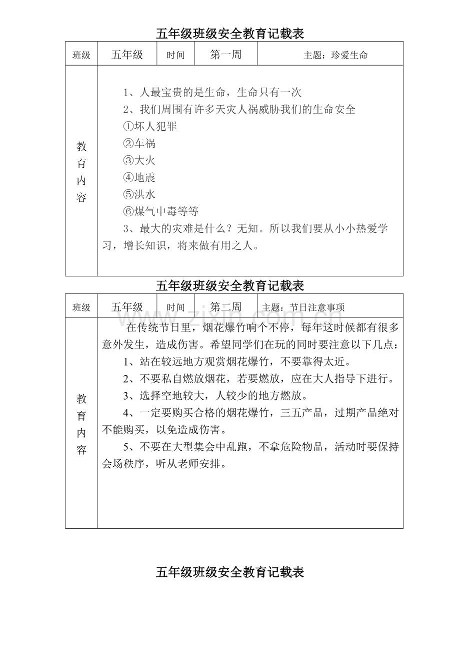 五年级班级安全教育记载表概要.doc_第1页
