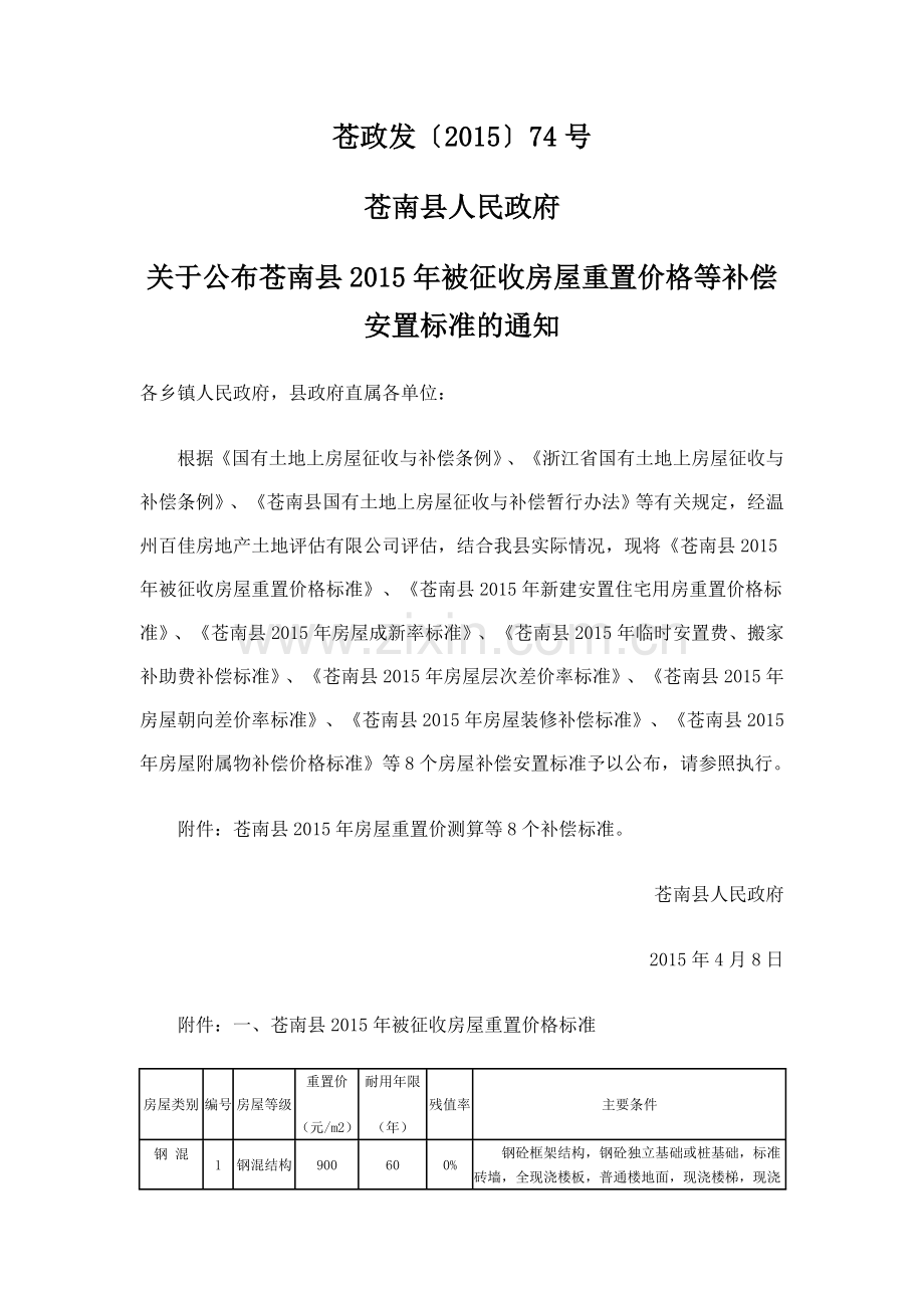 苍南县国有土地上房屋征收与补偿管理办法补偿标准.doc_第1页