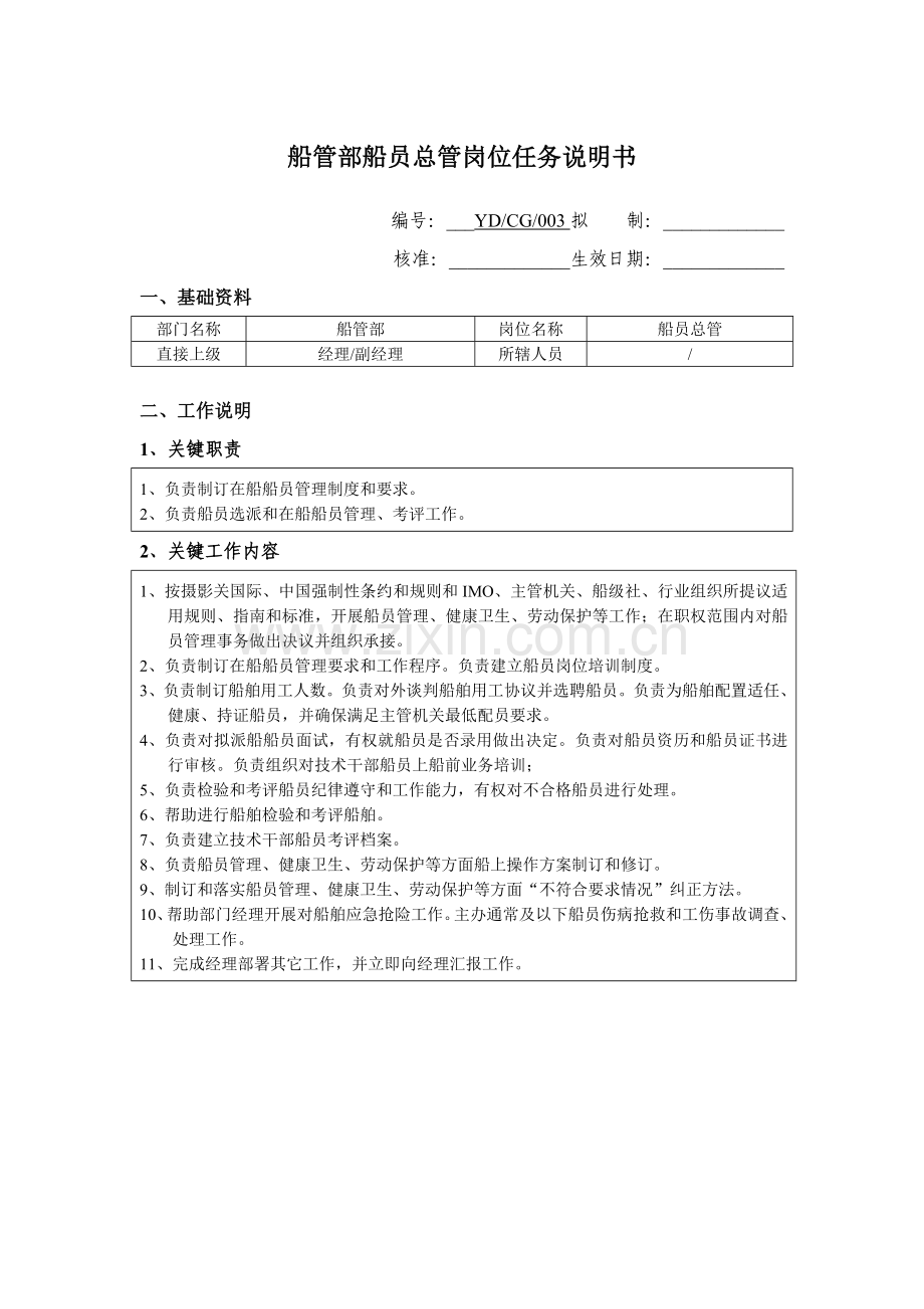 公司船管部船员总管岗位说明书样本.doc_第1页