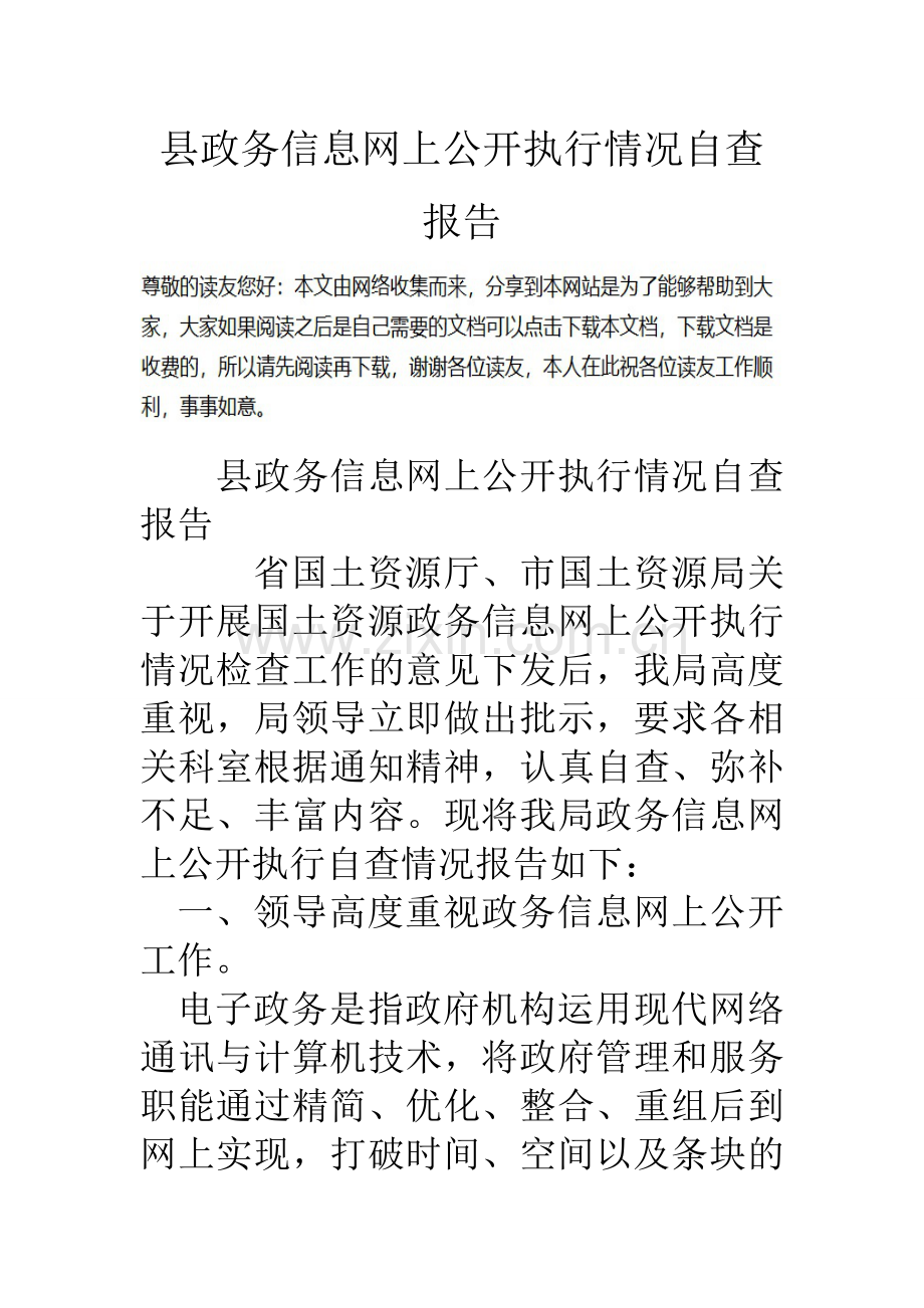县政务信息网上公开执行情况自查报告.doc_第1页