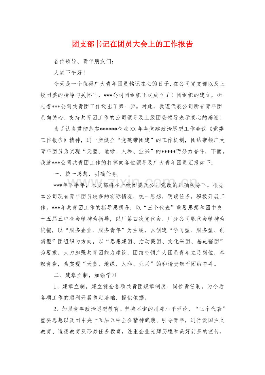 团支部书记在团员大会上的工作报告.doc_第1页
