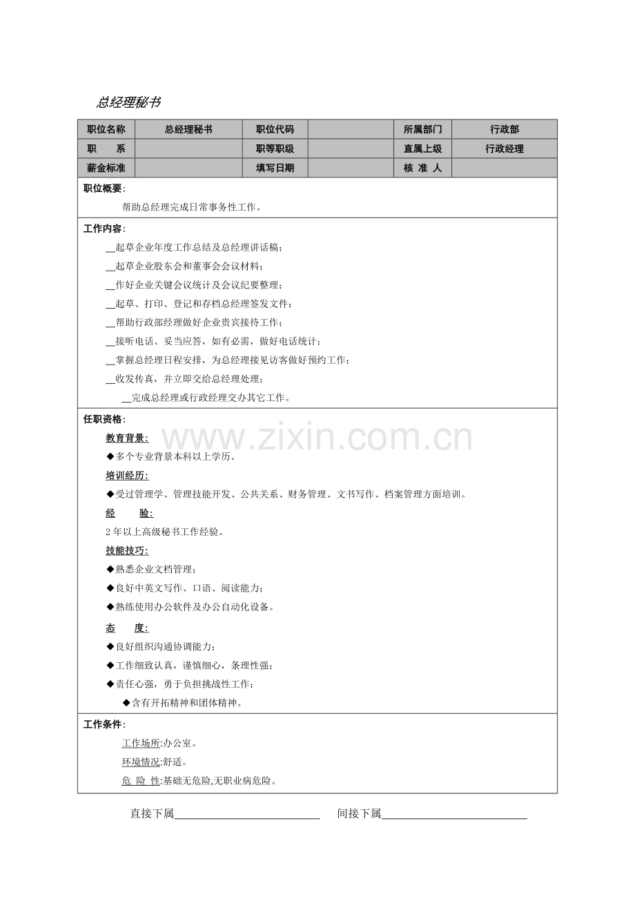 总经理秘书岗位说明书模板样本.doc_第1页