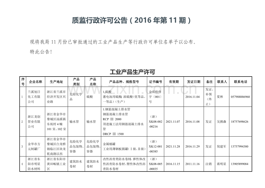 质监行政许可公告第11期.doc_第1页