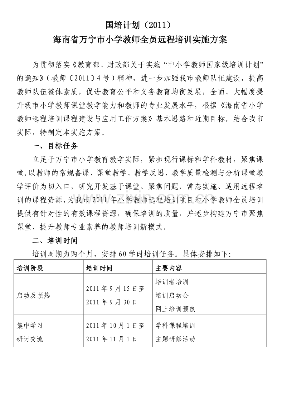 国培计划2011海南省万宁市小学教师全员远程培训实施方案1.doc_第1页