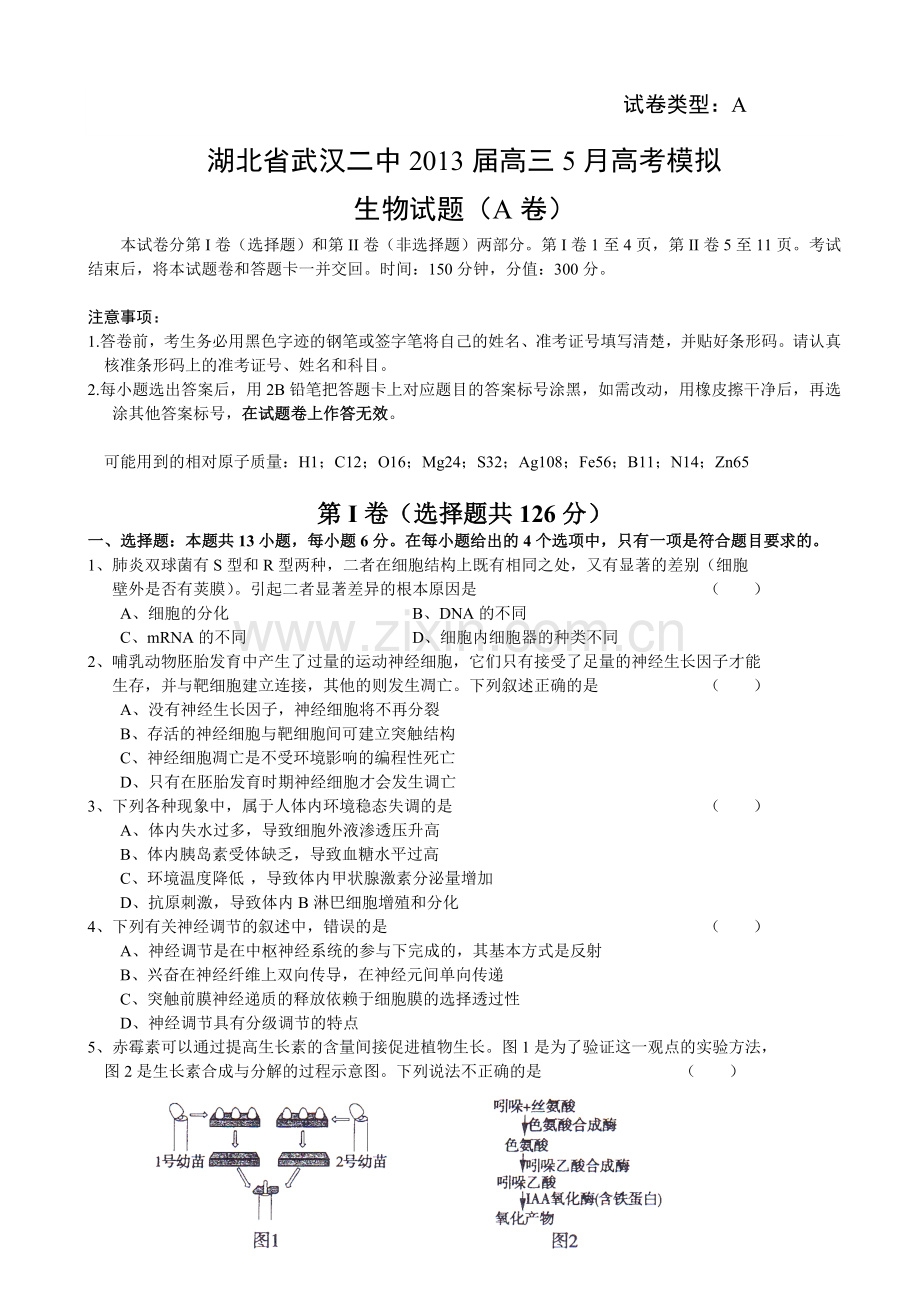 湖北省武汉二中届高三5月高考模拟生物试题(a卷)培训讲学.doc_第1页