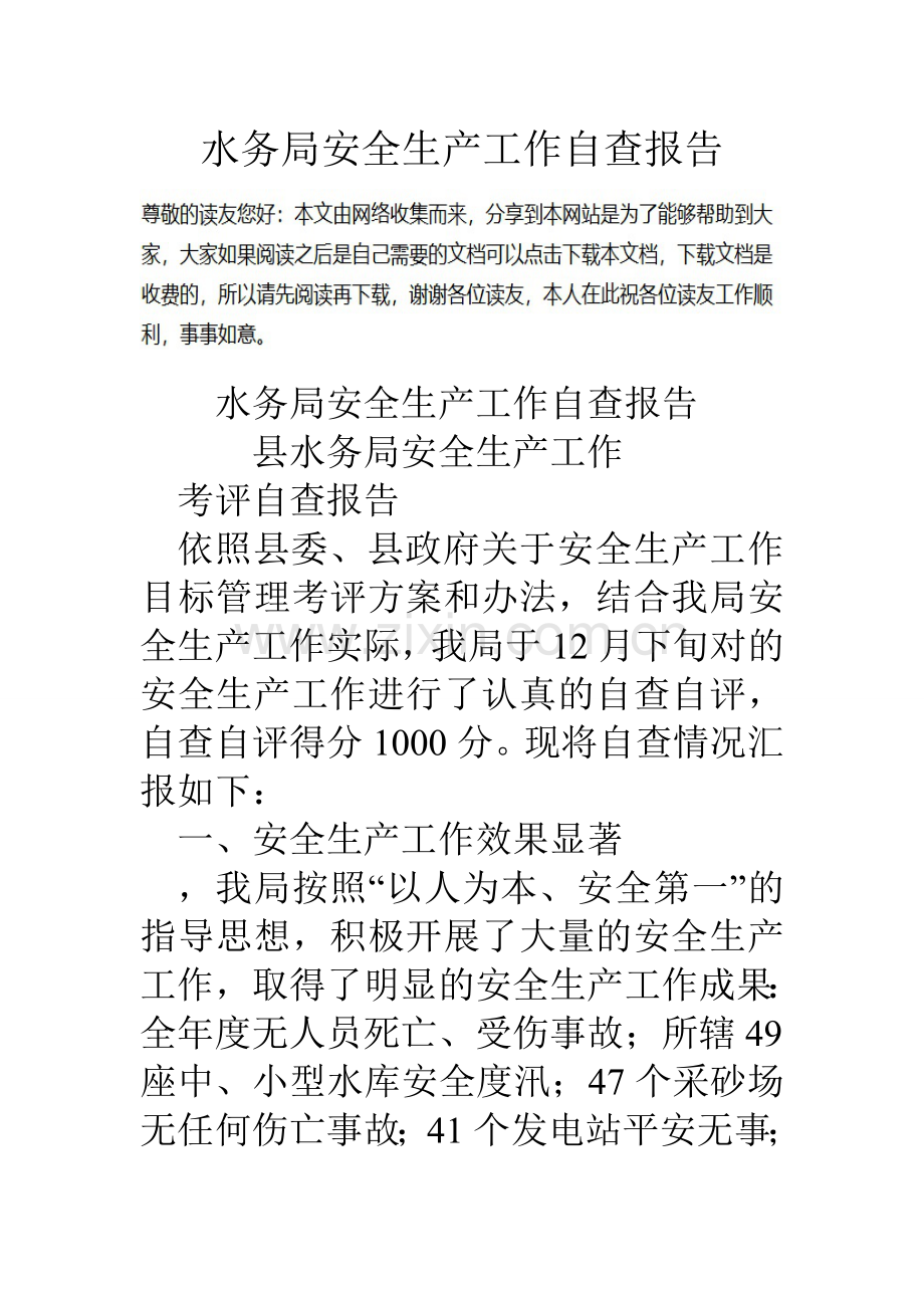 水务局安全生产工作自查报告.doc_第1页