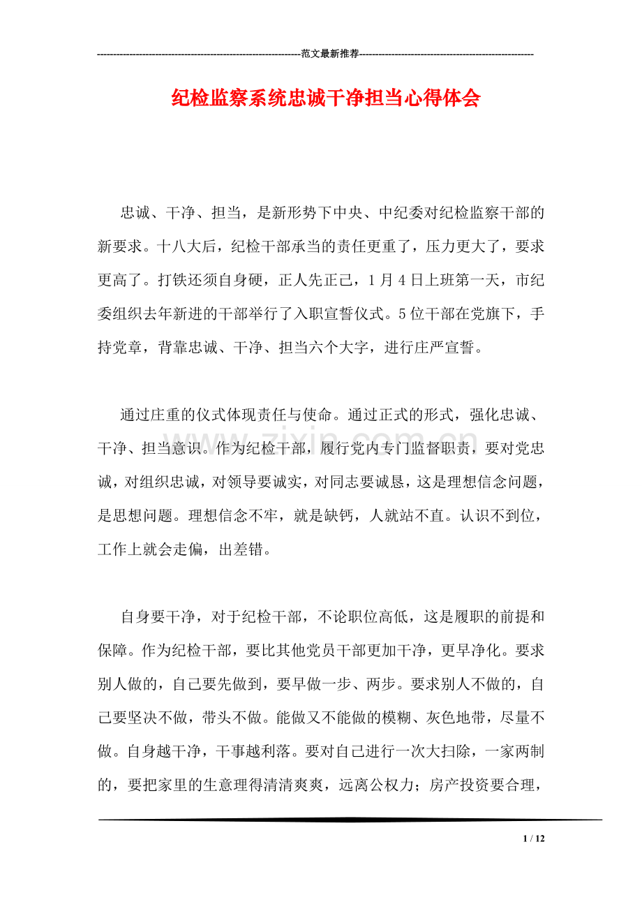 纪检监察系统忠诚干净担当心得体会.doc_第1页