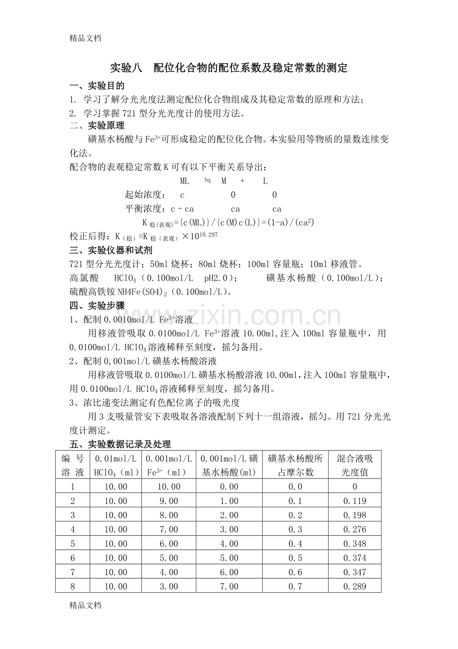 实验八--配位化合物的配位系数及稳定常数的测定.doc_第1页