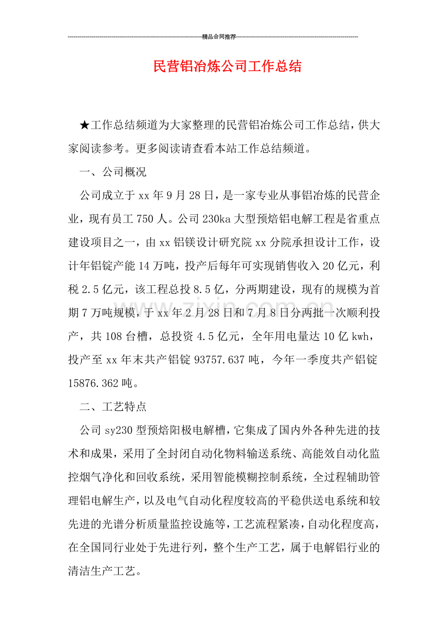 民营铝冶炼公司工作总结.doc_第1页