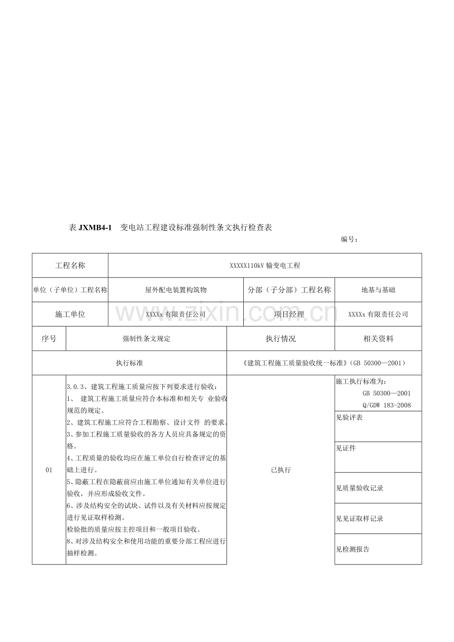 屋外配电装置构筑物强制性条文执行检查表收集资料.doc_第1页
