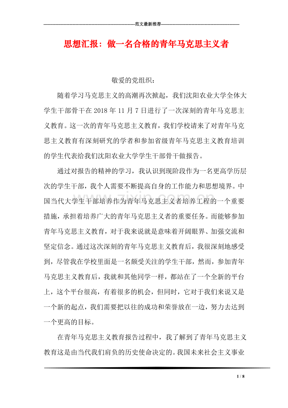 思想汇报：做一名合格的青年马克思主义者.doc_第1页