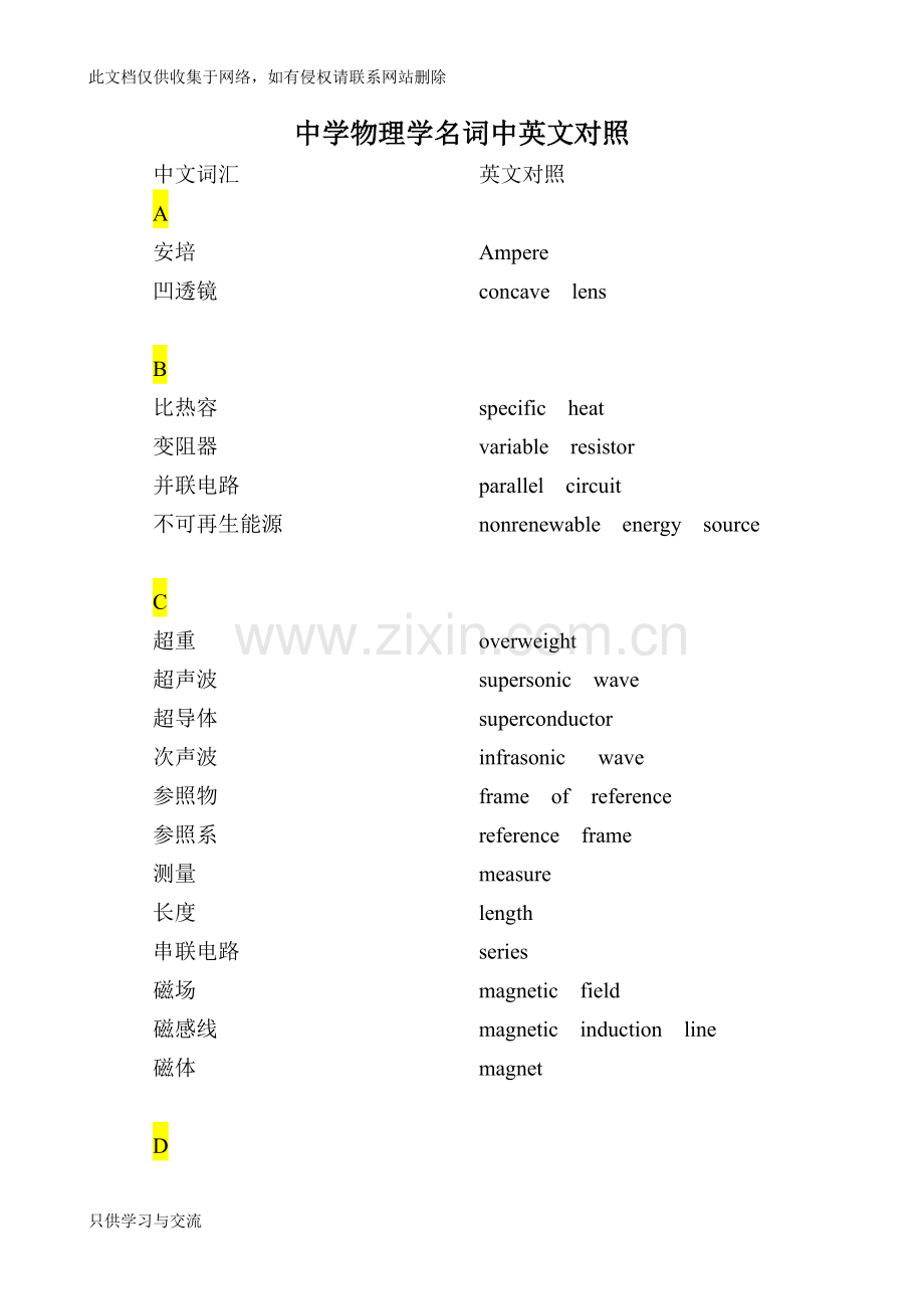 中学物理学名词中英文对照汇总讲解学习.doc_第1页