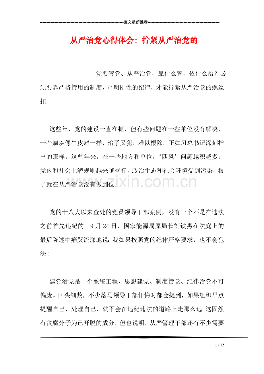 从严治党心得体会：拧紧从严治党的.doc_第1页