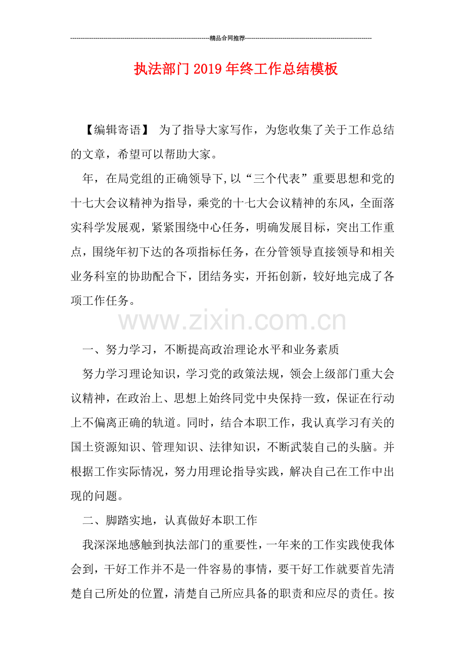 执法部门2019年终工作总结模板.doc_第1页