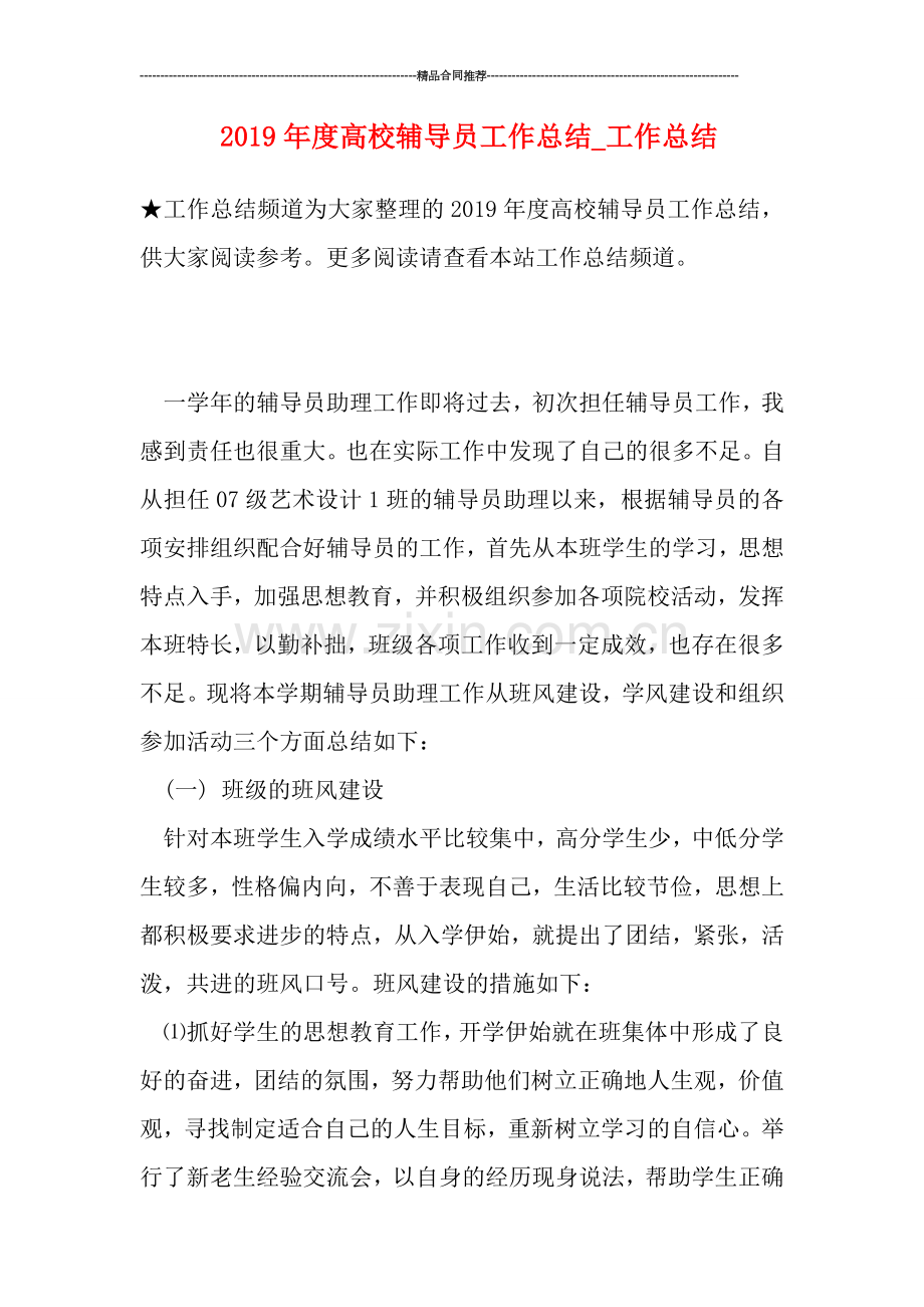 2019年度高校辅导员工作总结-工作总结.doc_第1页
