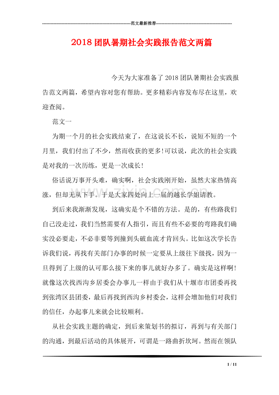 2018团队暑期社会实践报告范文两篇.doc_第1页